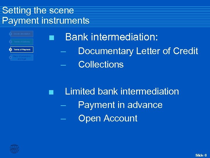 Setting the scene Payment instruments 1 Goods description 2 Terms of Delivery 3 Terms