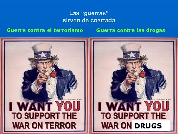 Las “guerras” sirven de coartada Guerra contra el terrorismo Guerra contra las drogas DRUGS