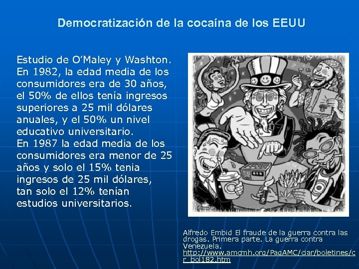 Democratización de la cocaína de los EEUU Estudio de O’Maley y Washton. En 1982,