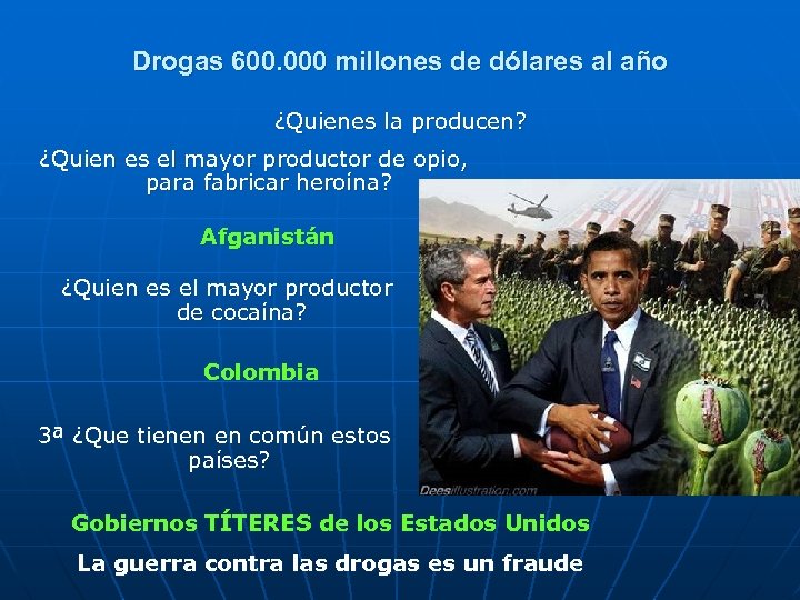 Drogas 600. 000 millones de dólares al año ¿Quienes la producen? ¿Quien es el