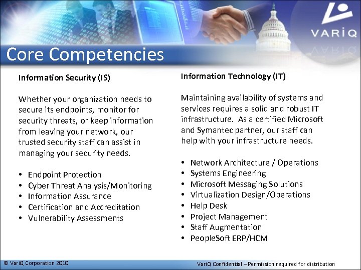 Core Competencies Information Security (IS) Information Technology (IT) Whether your organization needs to secure