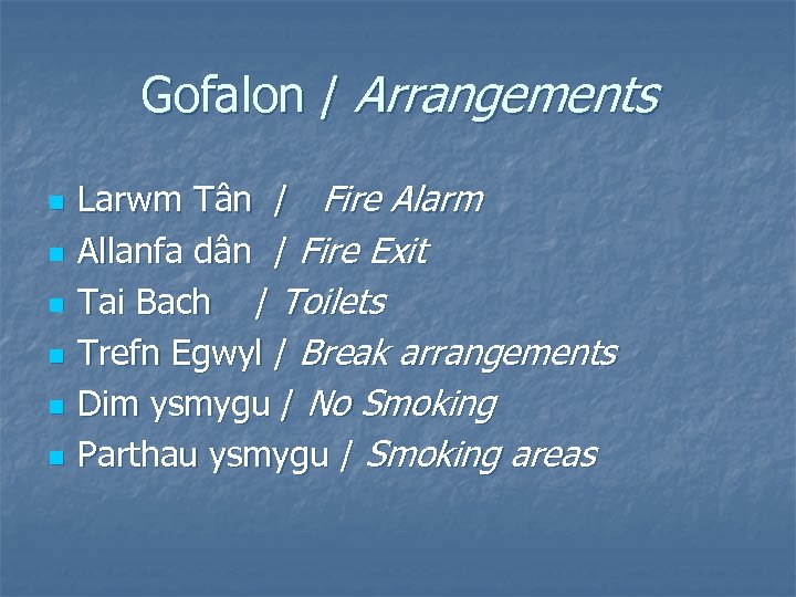 Gofalon / Arrangements n n n Larwm Tân / Fire Alarm Allanfa dân /