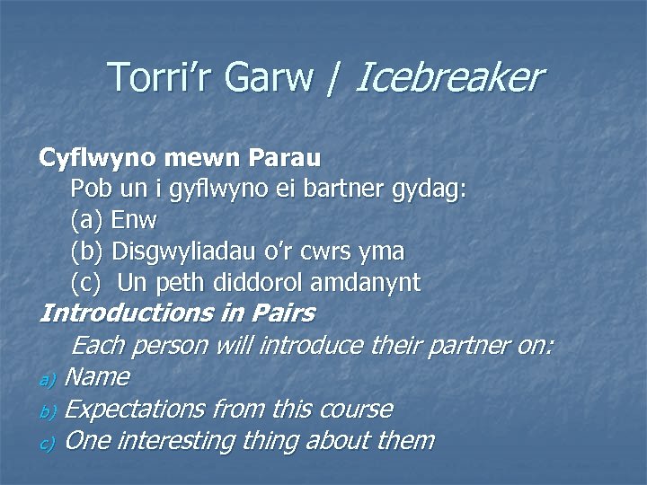 Torri’r Garw / Icebreaker Cyflwyno mewn Parau Pob un i gyflwyno ei bartner gydag: