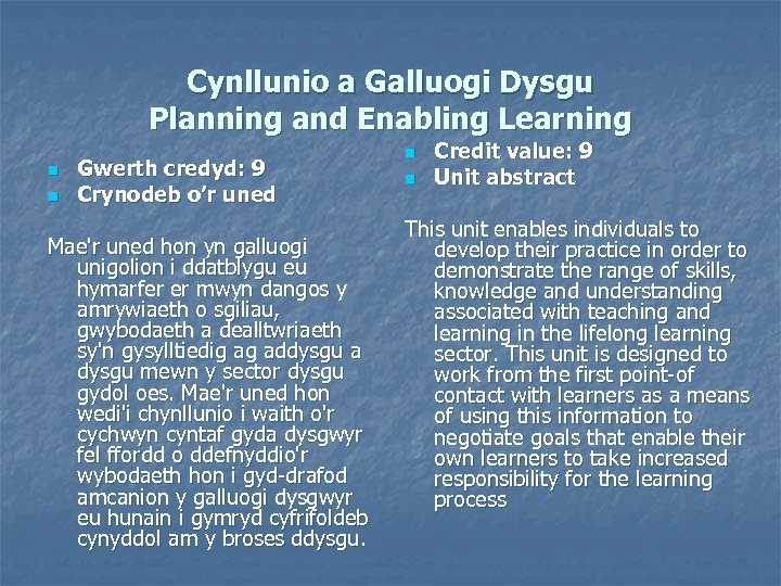 Cynllunio a Galluogi Dysgu Planning and Enabling Learning n n Gwerth credyd: 9 Crynodeb