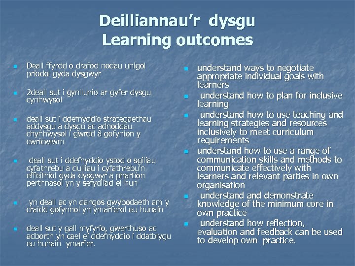 Deilliannau’r dysgu Learning outcomes n n n Deall ffyrdd o drafod nodau unigol priodol