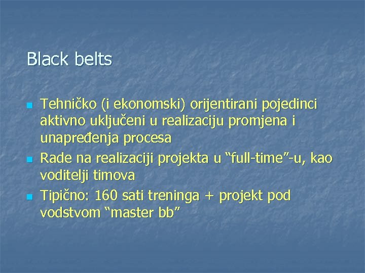 Black belts n n n Tehničko (i ekonomski) orijentirani pojedinci aktivno uključeni u realizaciju