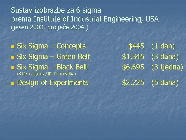 Sustav izobrazbe za 6 sigma prema Institute of Industrial Engineering, USA (jesen 2003, proljeće