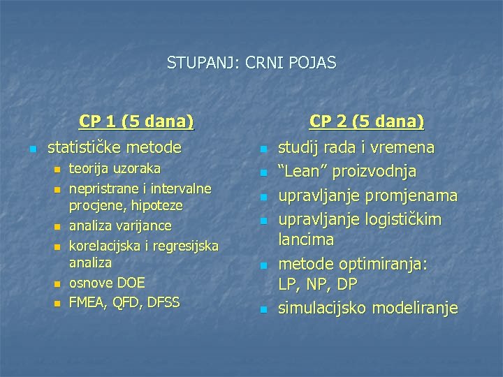 STUPANJ: CRNI POJAS n CP 1 (5 dana) statističke metode n n n teorija