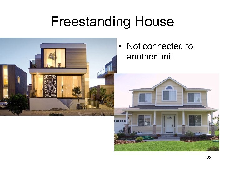 Freestanding House • Not connected to another unit. 28 