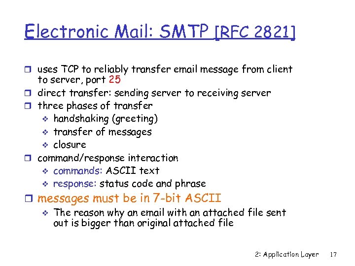 Electronic Mail: SMTP [RFC 2821] r uses TCP to reliably transfer email message from