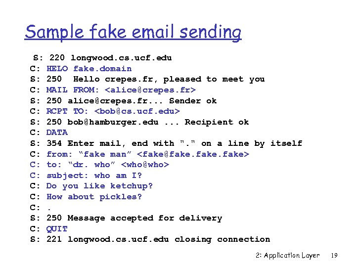 Sample fake email sending S: 220 longwood. cs. ucf. edu C: HELO fake. domain