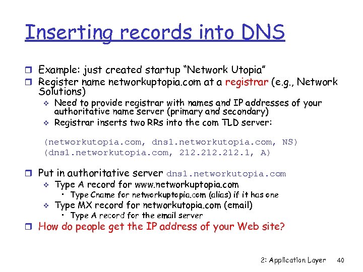 Inserting records into DNS r Example: just created startup “Network Utopia” r Register name