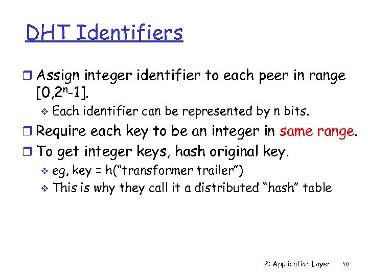 DHT Identifiers r Assign integer identifier to each peer in range [0, 2 n-1].