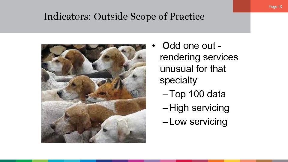 Page 10 Indicators: Outside Scope of Practice • Odd one out rendering services unusual