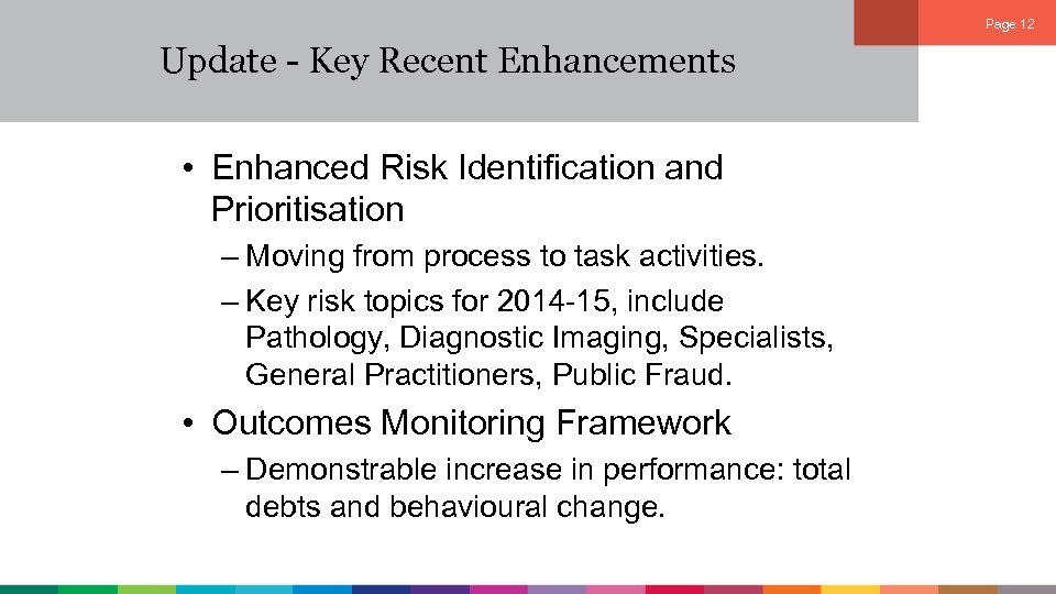 Page 12 Update - Key Recent Enhancements • Enhanced Risk Identification and Prioritisation –