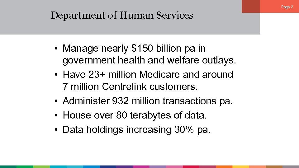 Page 2 Department of Human Services • Manage nearly $150 billion pa in government