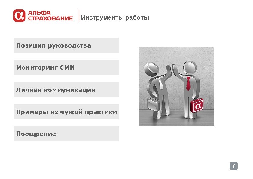 Инструменты работы Позиция руководства Мониторинг СМИ Личная коммуникация Примеры из чужой практики Поощрение 7