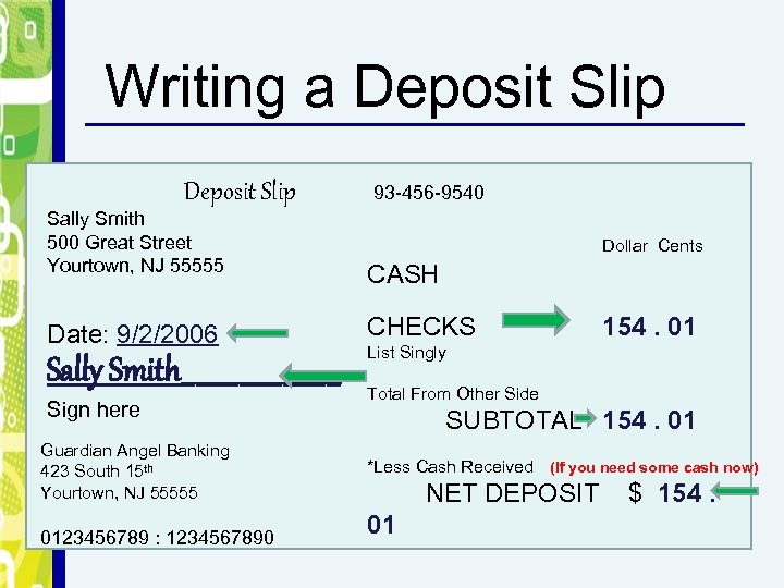 Writing a Deposit Slip Sally Smith 500 Great Street Yourtown, NJ 55555 Date: 9/2/2006
