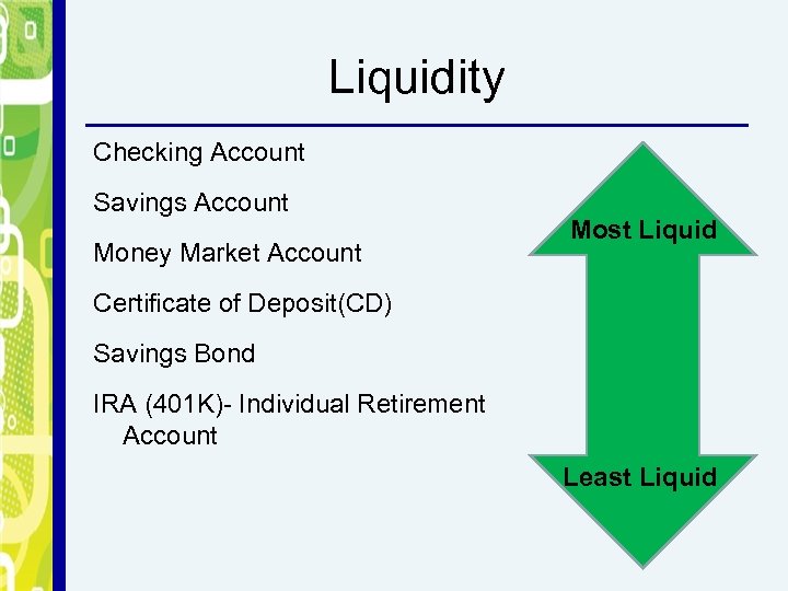 Liquidity Checking Account Savings Account Money Market Account Most Liquid Certificate of Deposit(CD) Savings