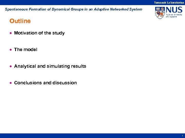 Temasek Laboratories Spontaneous Formation of Dynamical Groups in an Adaptive Networked System Outline ·