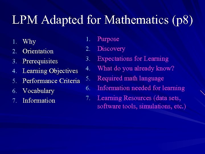 LPM Adapted for Mathematics (p 8) 1. Why 1. 2. Orientation 2. 3. Prerequisites