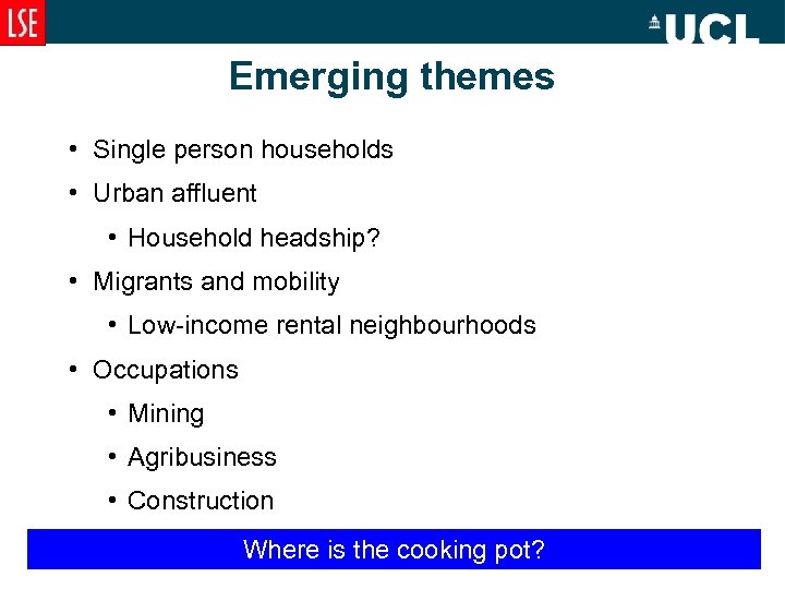 Emerging themes • Single person households • Urban affluent • Household headship? • Migrants