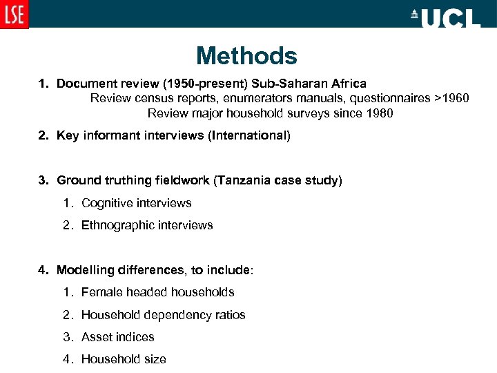 Methods 1. Document review (1950 -present) Sub-Saharan Africa Review census reports, enumerators manuals, questionnaires