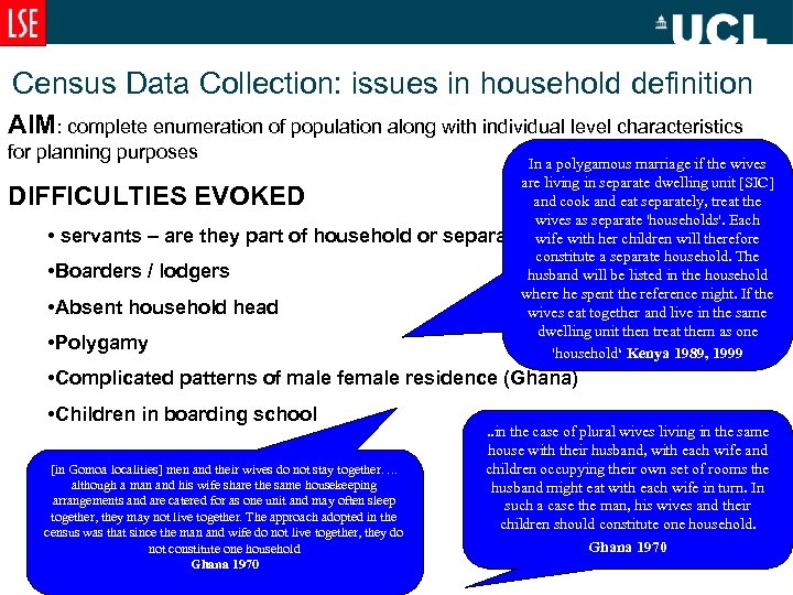 Census Data Collection: issues in household definition AIM: complete enumeration of population along with