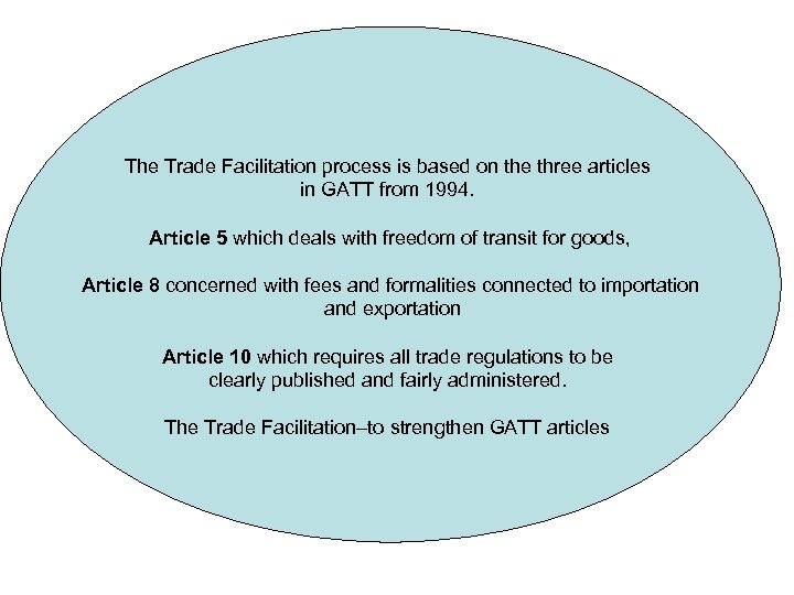 The Trade Facilitation process is based on the three articles in GATT from 1994.
