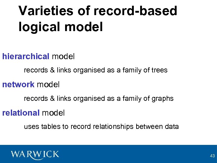 Varieties of record-based logical model hierarchical model records & links organised as a family