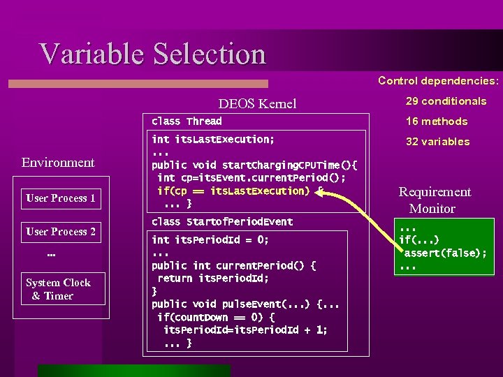 Variable Selection Control dependencies: DEOS Kernel 29 conditionals class Thread Environment User Process 1