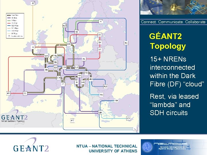 Connect. Communicate. Collaborate GÉANT 2 Topology 15+ NRENs interconnected within the Dark Fibre (DF)