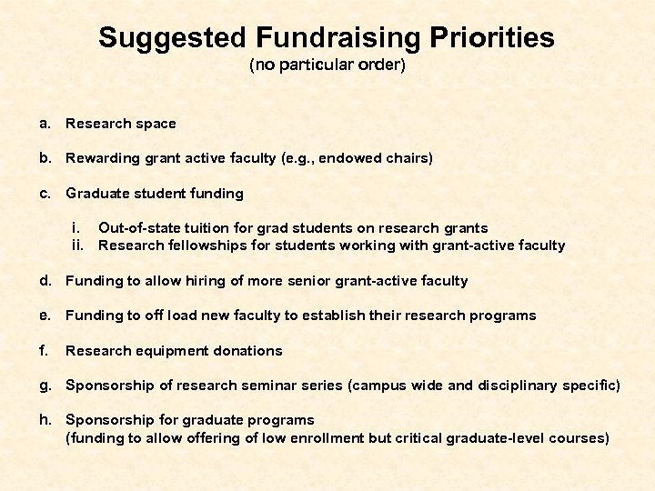 Suggested Fundraising Priorities (no particular order) a. Research space b. Rewarding grant active faculty