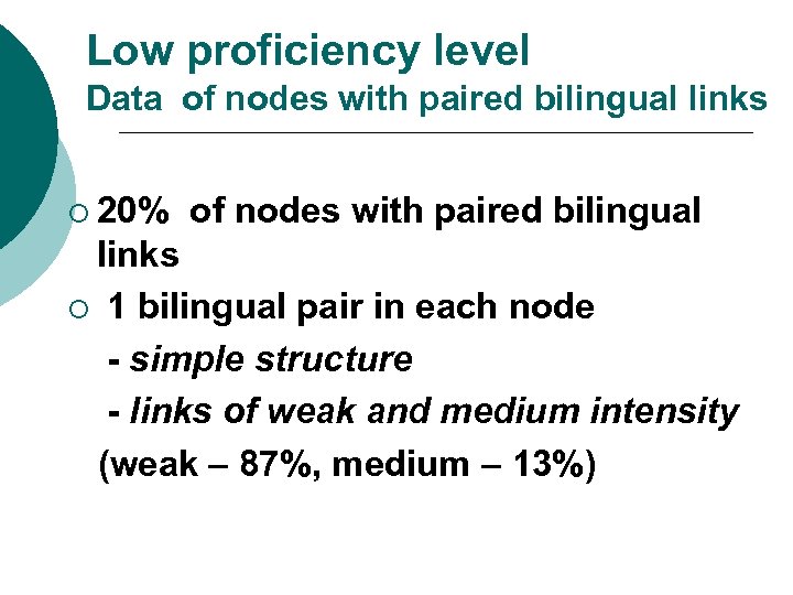 Low proficiency level Data of nodes with paired bilingual links ¡ 20% of nodes