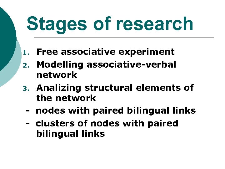 Stages of research Free associative experiment 2. Modelling associative-verbal network 3. Analizing structural elements