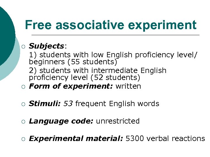 Free associative experiment ¡ Subjects: 1) students with low English proficiency level/ beginners (55