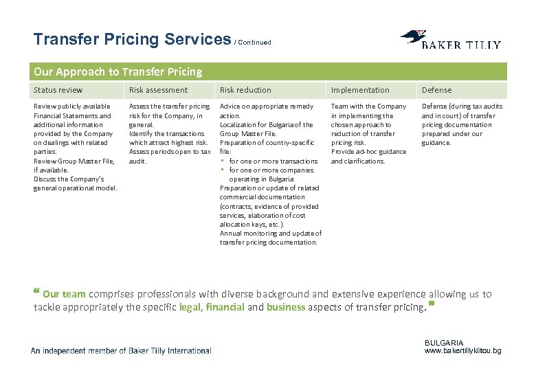 Transfer Pricing Services / Continued Our Approach to Transfer Pricing Status review Risk assessment