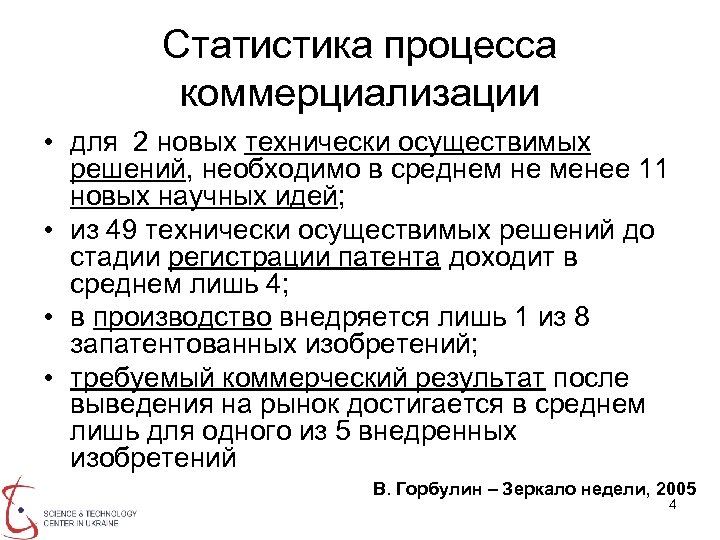 Статистика процесса коммерциализации • для 2 новых технически осуществимых решений, необходимо в среднем не