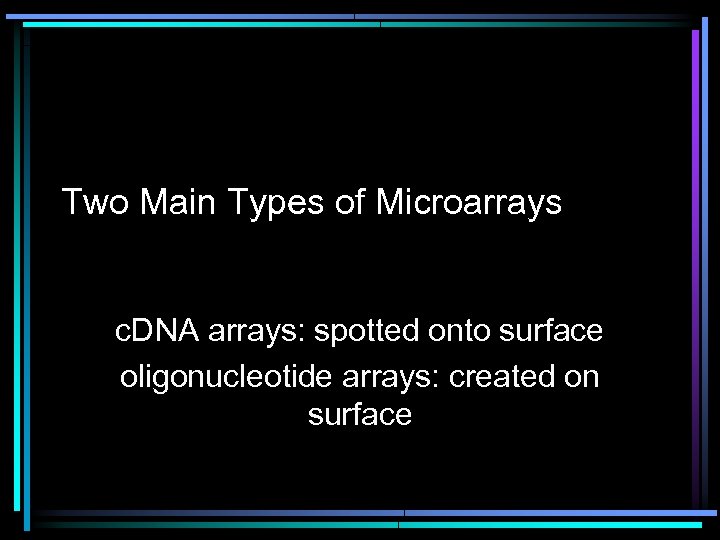 Two Main Types of Microarrays c. DNA arrays: spotted onto surface oligonucleotide arrays: created
