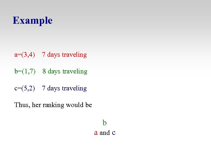 Example a=(3, 4) 7 days traveling b=(1, 7) 8 days traveling c=(5, 2) 7