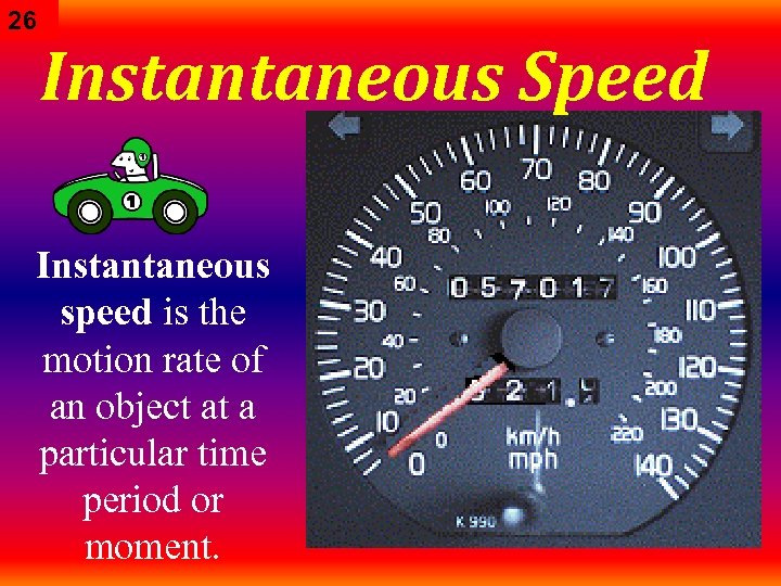 26 Instantaneous Speed Instantaneous speed is the motion rate of an object at a