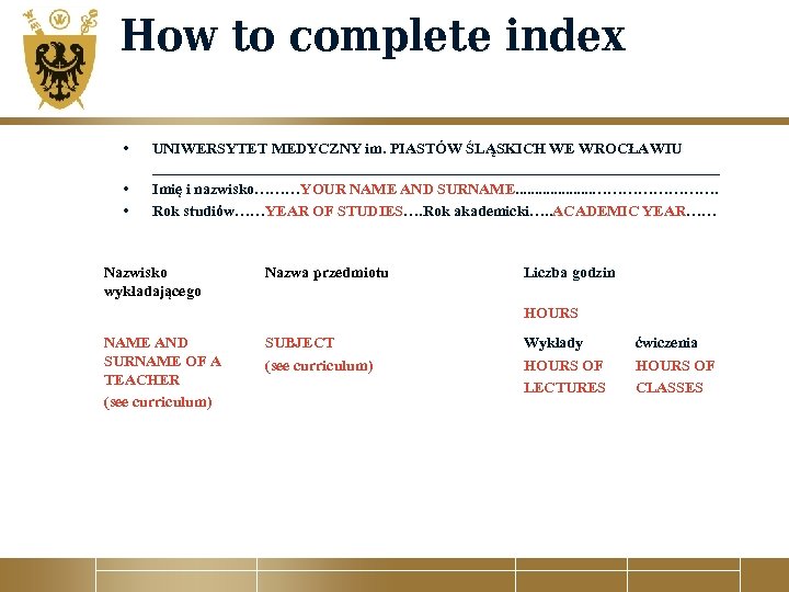 How to complete index • • • UNIWERSYTET MEDYCZNY im. PIASTÓW ŚLĄSKICH WE WROCŁAWIU