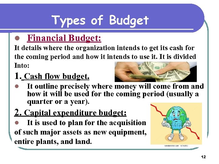 Types of Budget l Financial Budget: It details where the organization intends to get
