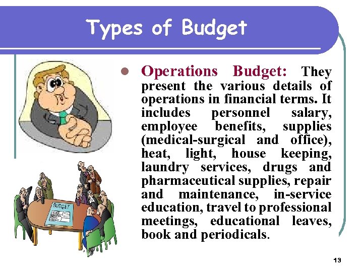 Types of Budget l Operations Budget: They present the various details of operations in