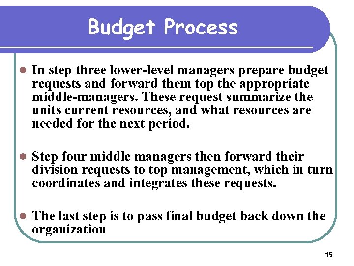Budget Process l In step three lower-level managers prepare budget requests and forward them