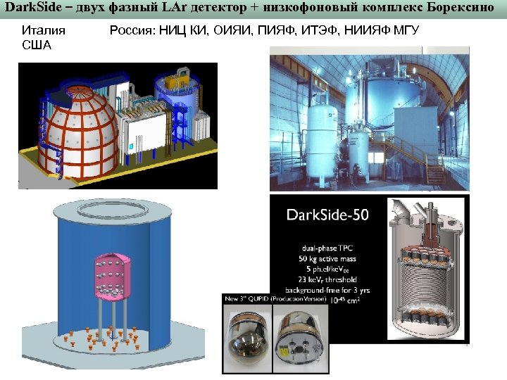 Dark. Side – двух фазный LAr детектор + низкофоновый комплекс Борексино Италия США Россия: