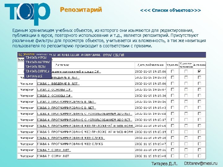 Репозитарий <<< Списки объектов>>> Единым хранилищем учебных объектов, из которого они изымаются для редактирования,