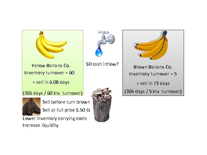 Yellow Banana Co. Inventory turnover = 60 $0 cash inflow? = sell in 6.