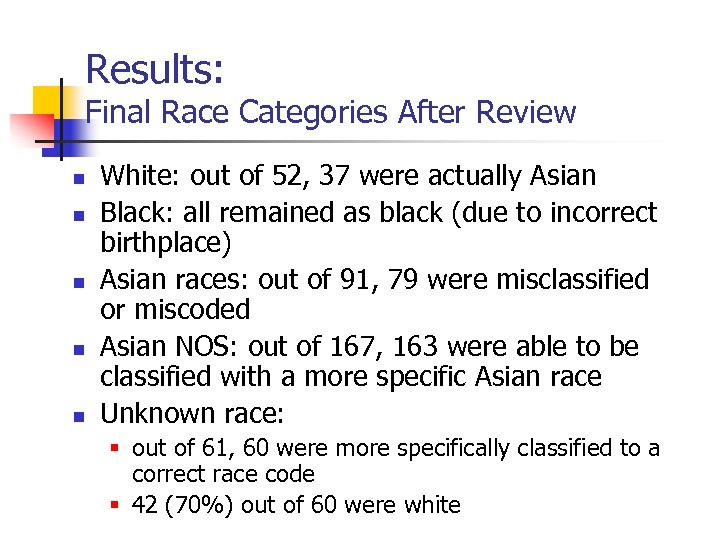 Results: Final Race Categories After Review n n n White: out of 52, 37