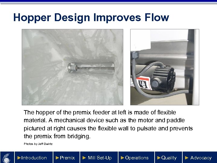 Hopper Design Improves Flow The hopper of the premix feeder at left is made